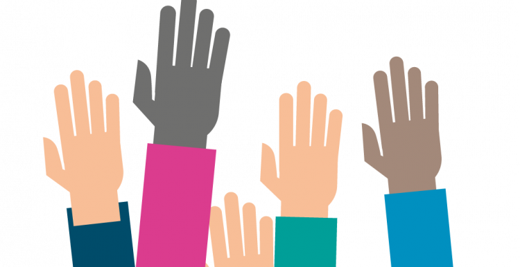 Colourful graphic image of a group of hands in the air