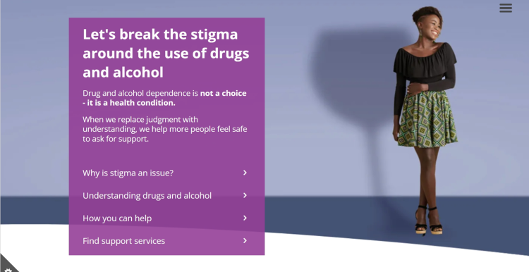 Screenshot of website aimed at breaking stigma of drugs and alcohol featuring text and a black woman looking away.