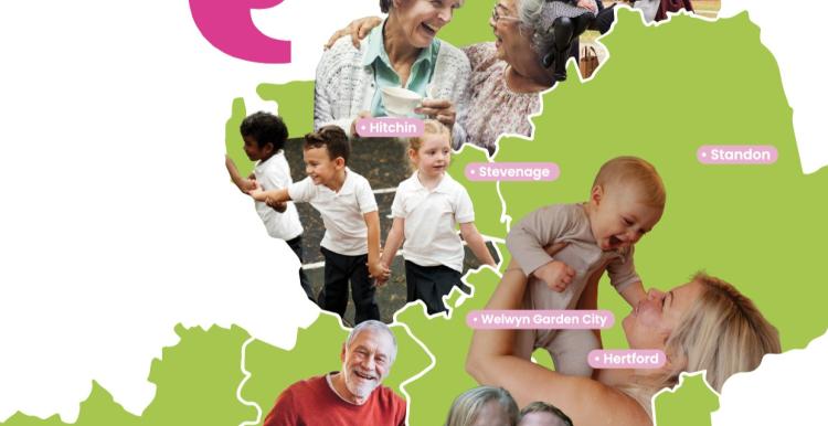 Front cover of 2025-26 Annual Report with various photos of people on green map of Hertfordshire