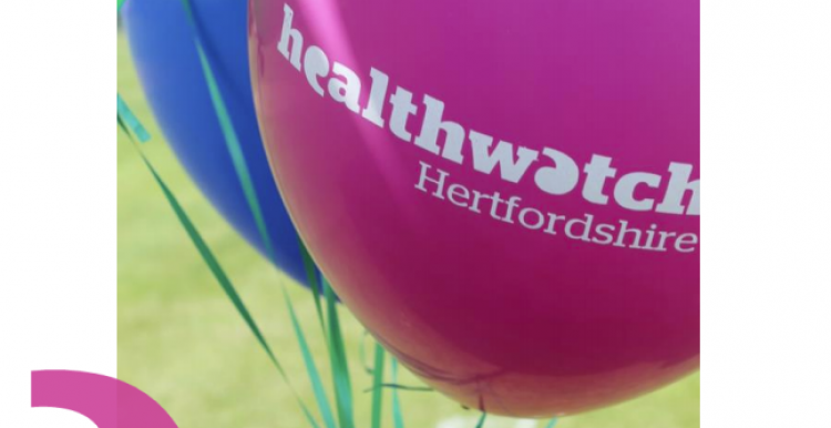 Healthwatch Hertfordshire written on a pink balloon