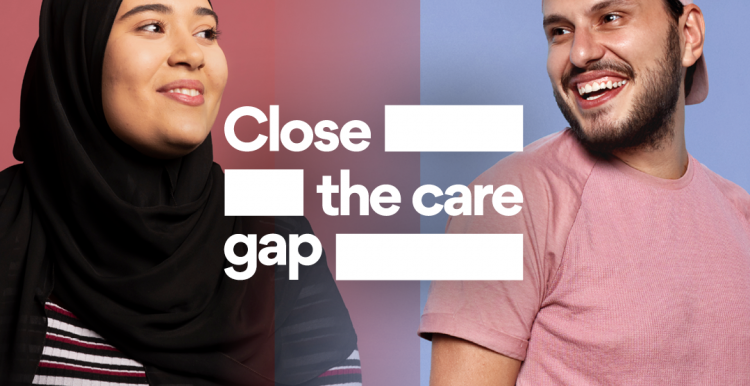 Woman and man looking at each other saying Close the Care Gap
