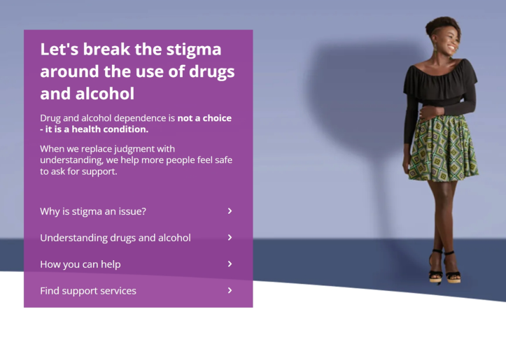 Screenshot of website aimed at breaking stigma of drugs and alcohol featuring text and a black woman looking away.