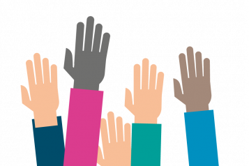 Colourful graphic image of a group of hands in the air