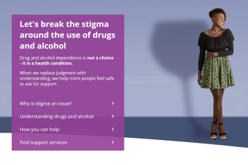 Screenshot of website aimed at breaking stigma of drugs and alcohol featuring text and a black woman looking away.