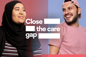 Woman and man looking at each other saying Close the Care Gap