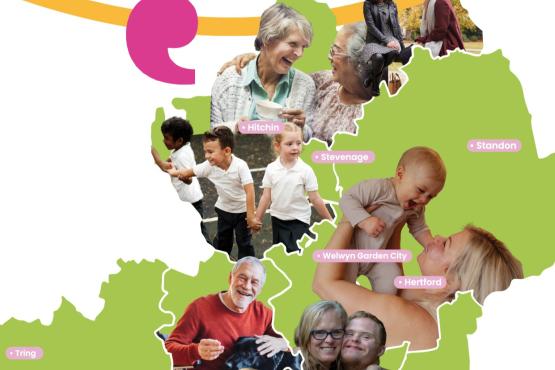 Front cover of 2025-26 Annual Report with various photos of people on green map of Hertfordshire