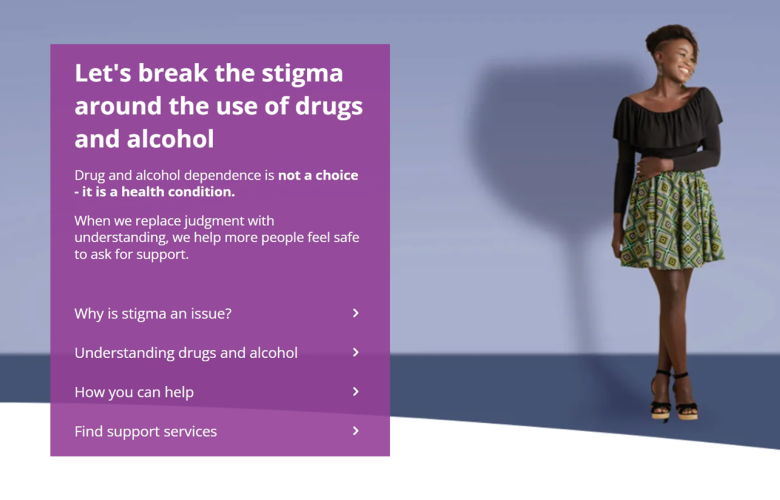 Screenshot of website aimed at breaking stigma of drugs and alcohol featuring text and a black woman looking away.